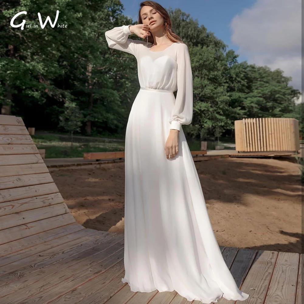 

New A-Line Lantern Long Sleeves Chiffon Wedding Dresses O Neck Bride Robes Vintage Elegant Princess Bridal Gowns Robe De Mariée