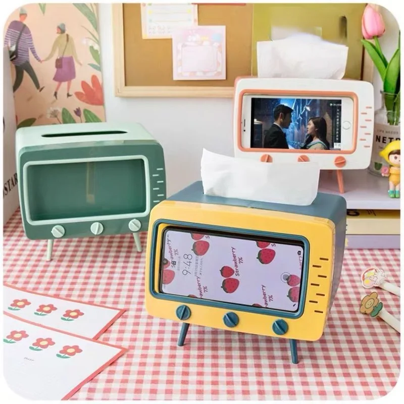 

Kawaii Desktop TV Tissue Box Mobile Phone Stand & Tissue Box Creative TV Shape Storage Box Home Kitchen Living Room Paper Box