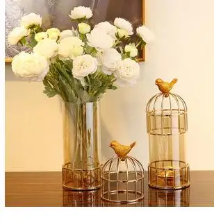 

NORDIC FLOWER VASE HOME DECORATION GOLDEN GLASS VASES TRANSPARENT HYDROPONIC WROUGHT IRON BIRD CAGE DRIED FLOWERS FLOWERPOT