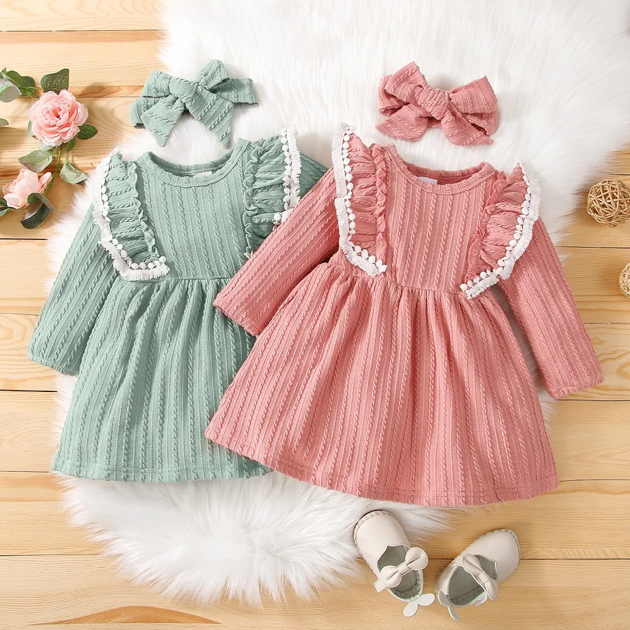 

Spring and Autumn Girls' Birthday Party Dress, Baby Girl, Ruffled Long Sleeve Dress, Baby Bowknot Hairband, Lace Dress