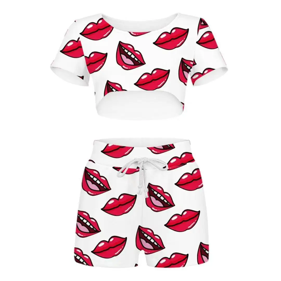 

Summer Women V-Neck Short Sleeve Shorts Set Mouth Print Striped Ladies Sleepwear Home wear Elastic Waist Elegant Streetwear Set