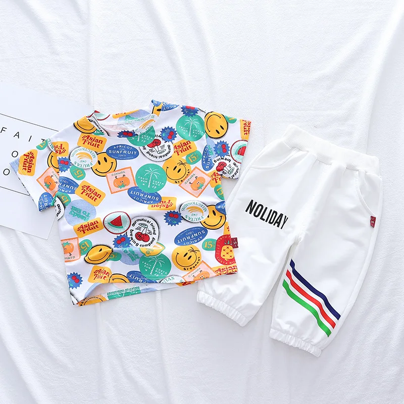 

New Baby Boys Girls Casual Clothes Sets Kids Cute Fully Print T-shirts+Cropped Trousers 2-piece Summer Toddler Infant Tracksuit