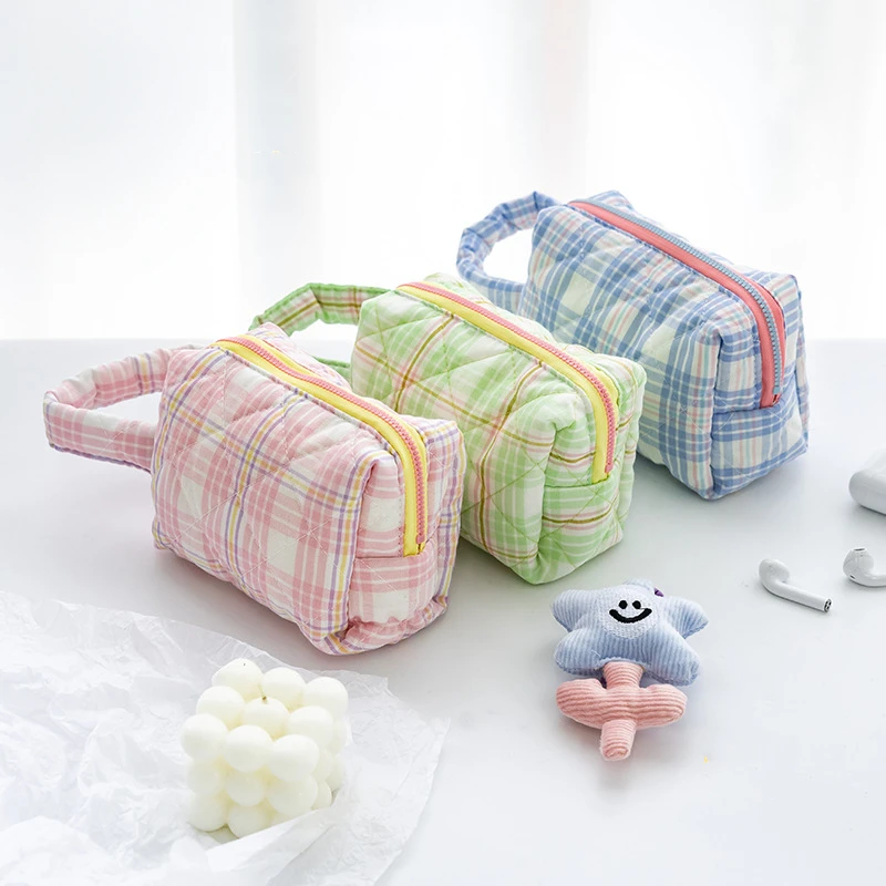 

Cute Soft Package Pencil Case Pen Bag Plaid Flower Cotton Handbag Storage Pouch for Stationery School Travel Cosmetic A6673