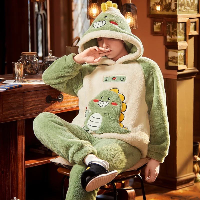 Симпатичная флисовая Пижама для мужчин плотная плюшевая зимняя мужская одежда