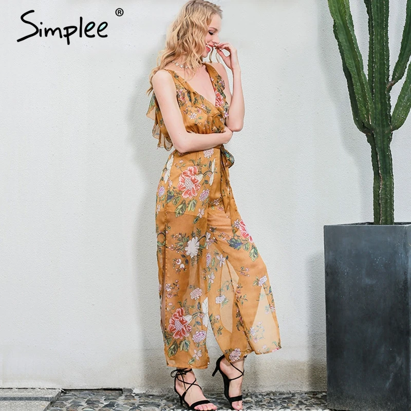 Женский комбинезон Simplee с V образным вырезом 2019 ромпер цветочным принтом летние