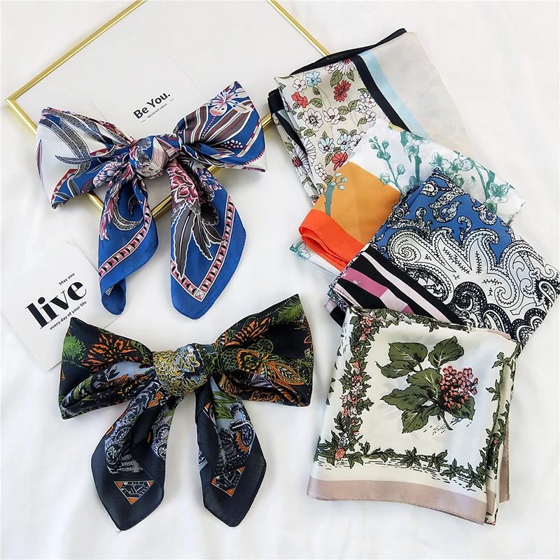 

70*70cm Square Silk Scarf Small Neck Scarfs Print Lady Office Hair Bands Bag Ribbons Hand Kerchief Female Hair Scarves Shawls