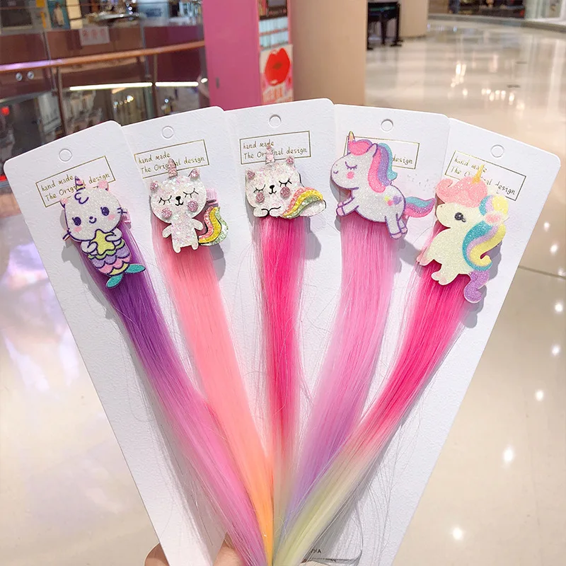 Children Cartoon Rainbow Wig Hairpins Unicorn Hair Clips Girls Cute Rabbit Cat Animals Headbands For Kids Hair Accessories