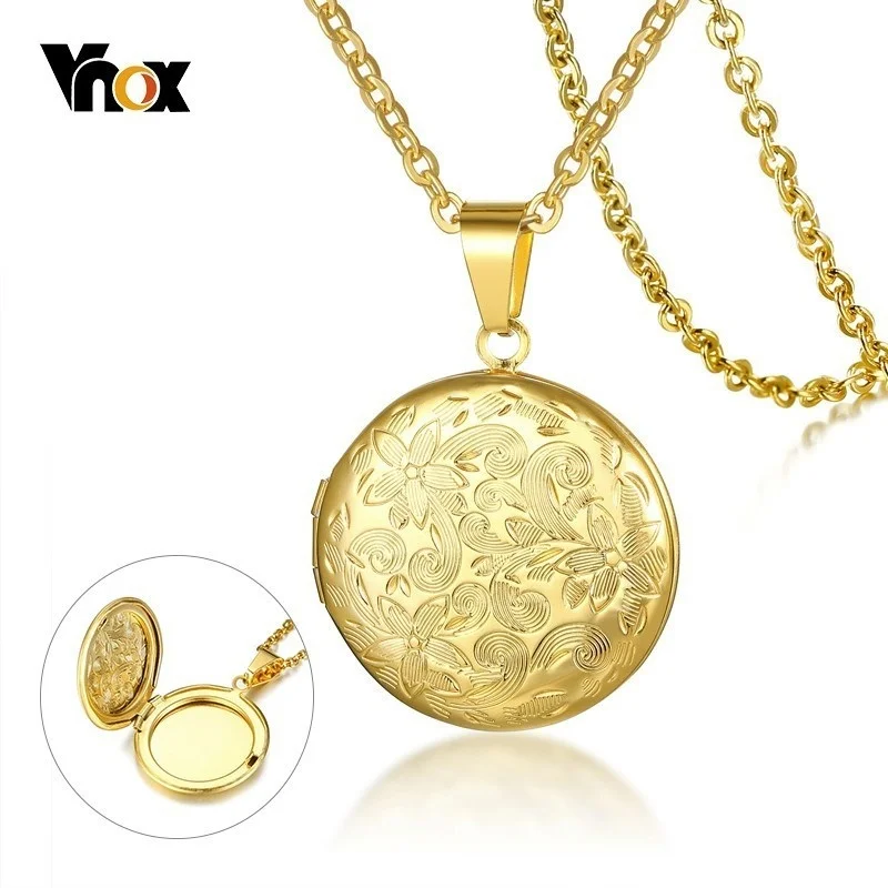 

Vnox Floral Texture Womens Locket Pendant Gold Color Stainless Steel Necklaces Rurality Flower Feme Necklace