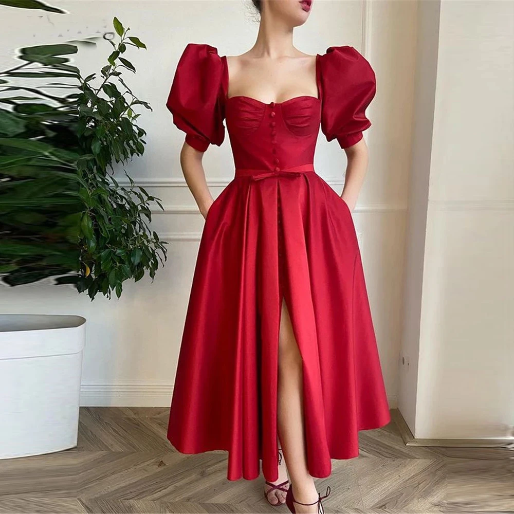 

Simple Wine Red Taffeta A Line Evening Party Dress Short Puff Sleeves Pleats Buttons Front Slit Tea Length Prom Gowns
