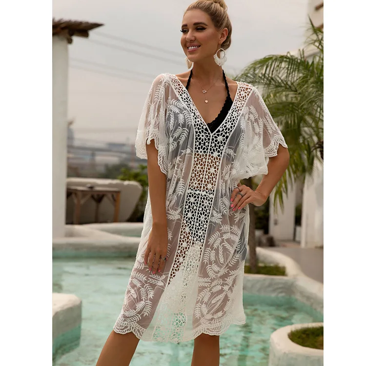 

2021New White Crochet Bikini Cover Up with Fringe Trim Women Sexy Hollow Tunic Beach Dress 2021 Summer Bathing Suit Beachwear