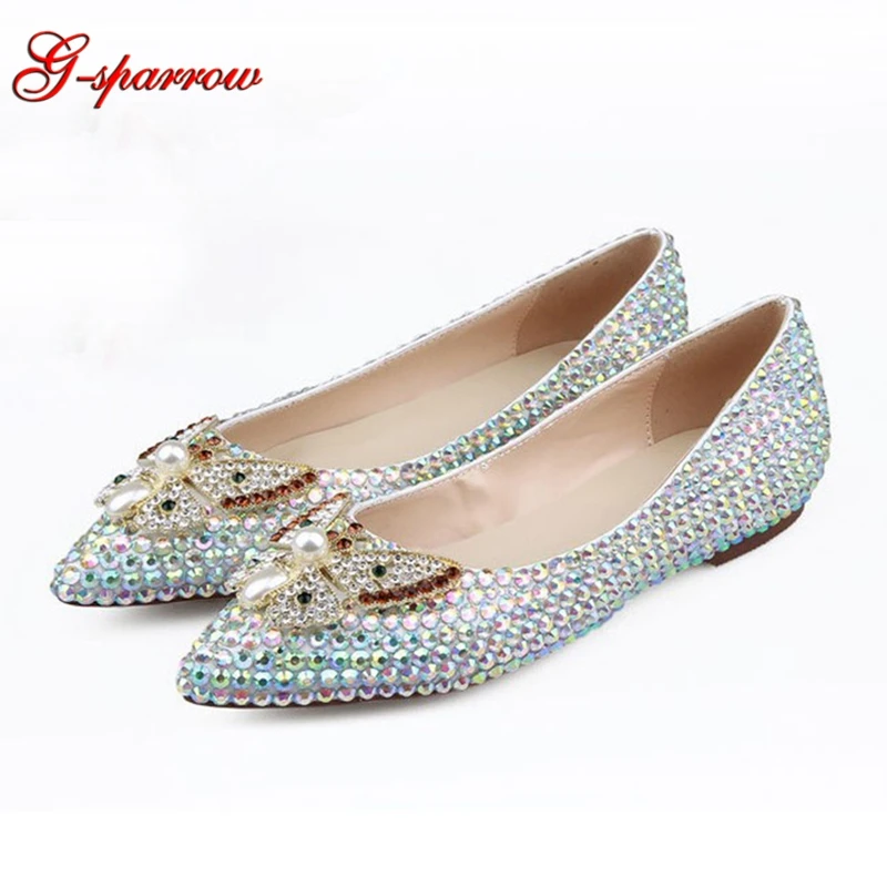 

2019 Glitter AB Crystal Bridal Shoes Rhinestone Butterfly Fashion Party Prom Flat Shoes Handmade Mother of the Bride Shoes