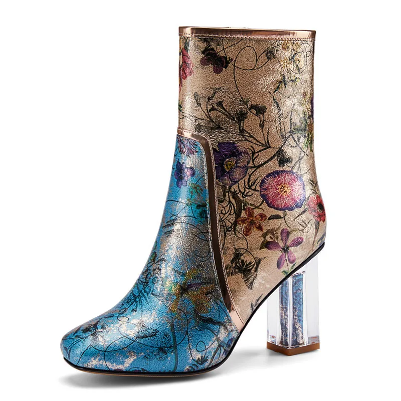 

China style women's shoes 19 autumn new print transparent crystal thick heel boots can be 40-43