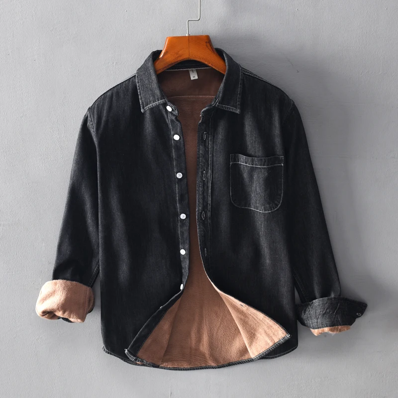 

Thickness with velvet warm cotton denim men shirt brand long-sleeved black shirts for men casual fashion shirt mens overhemd