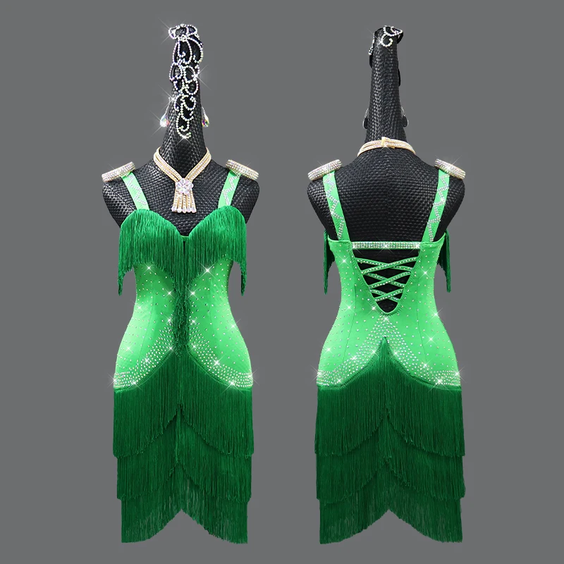 

2021 Lady dance Dress Fringe Diamond latin dance Dress Women Latin Dance Performance Dress Dancewear Shiny Party dance skirt