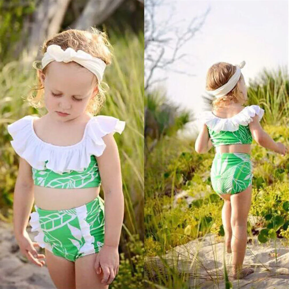 

Bikinis Kids Girl Ruffled Print Swimsuit High Waist Bikini Set Swimwear Beachwear Bathing Suit maillot de bain femme mayo C0949