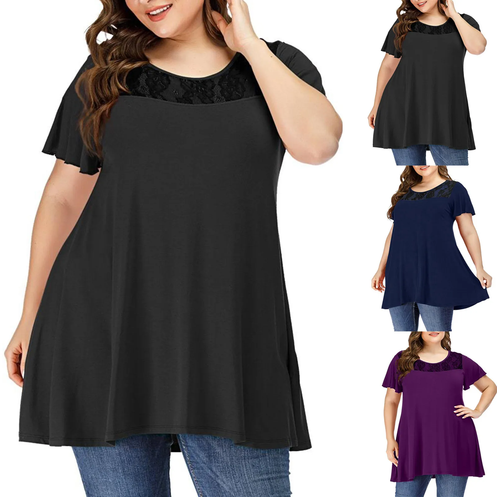 Полных женщин плюс-размер футболки сетки шить однотонные Цвет блузка с коротким