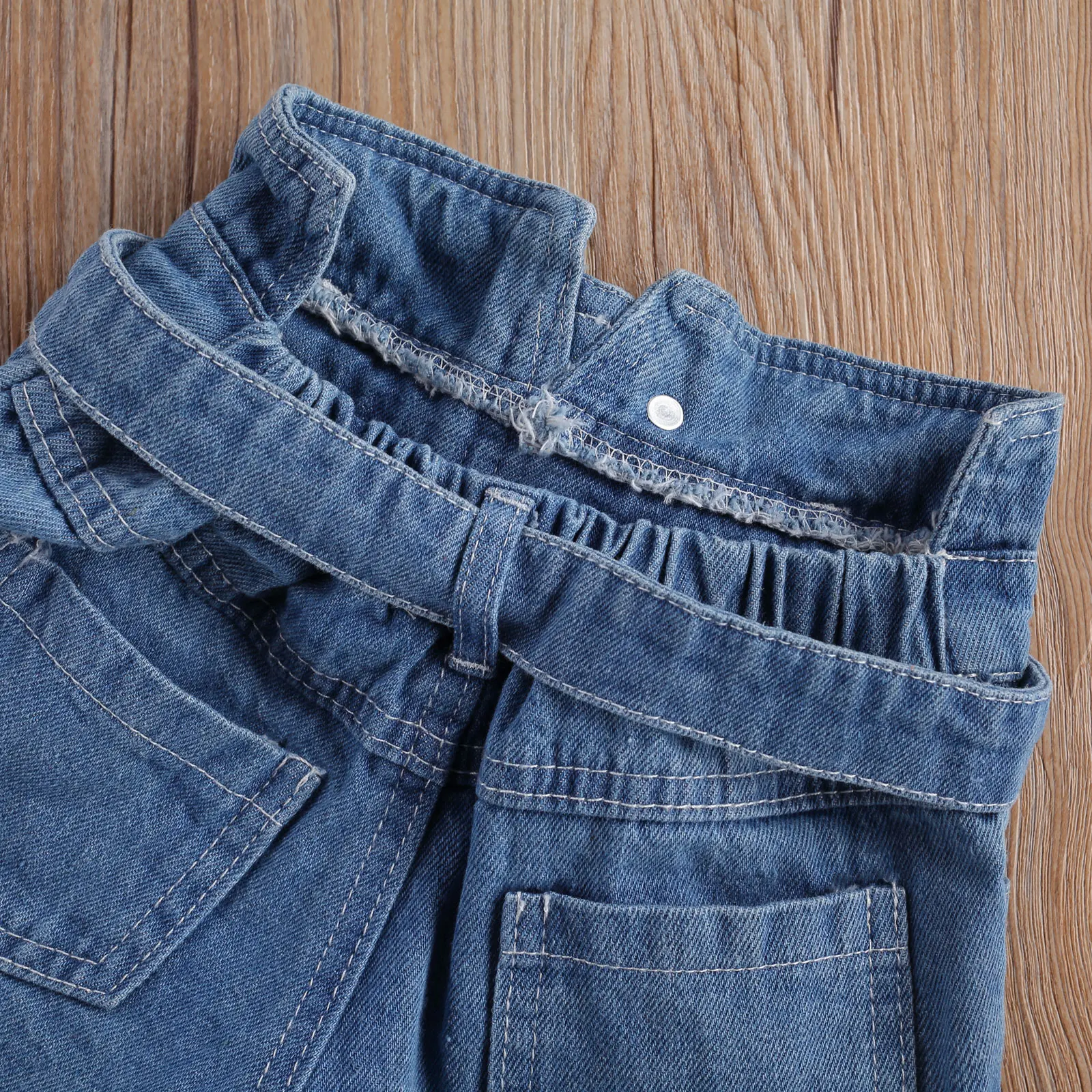 

2021 Kids Baby Girls See Through 2pc Summer Set Buttoned Round Neck Lace Shoulder Tops Cross Strap High Waist Short Jeans