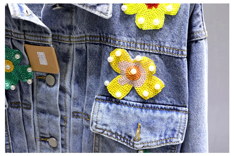 

Spring And Autumn New Sequins Flower Denim Jacket Female Loose Streetwear Thin Single-Breasted Turn-Down Collar Jacket outerwear