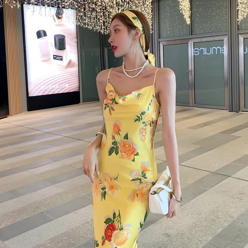 

Suspender dress women summer floral Sexy French Travel Print Chiffon Satin beach skirt