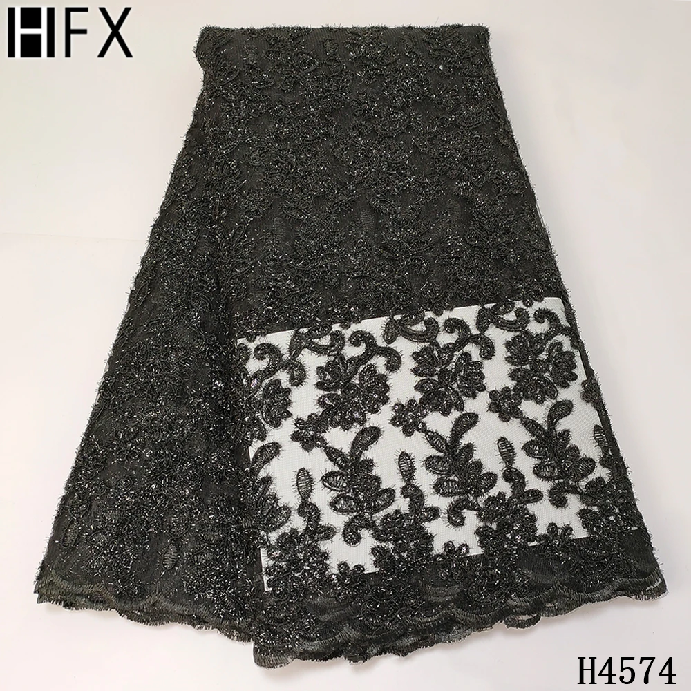 

HFX Gold African Lace Fabric 2021 French Tulle High Quality Embroidered Mesh Nigerian Lace Fabrics For Wedding Party Dress F4574