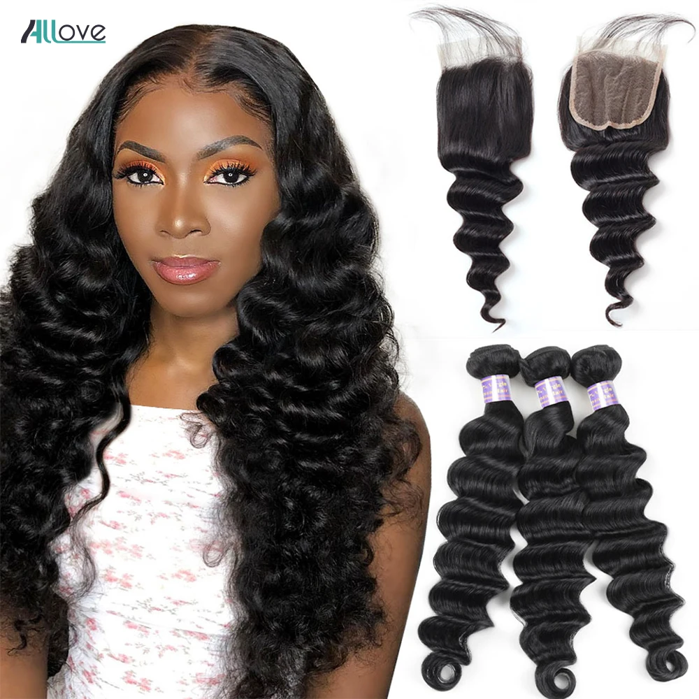 

Allove Loose Deep Wave Bundles With Closure Brazilian Hair Weave Bundles With Closure Non-Remy Human Hair 3 Bundles With Closure
