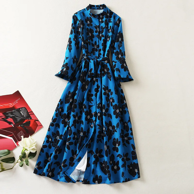 European and American women's clothing winter 2022 new  Three-quarter sleeve collar blue floral print  lace-up  Fashion dress