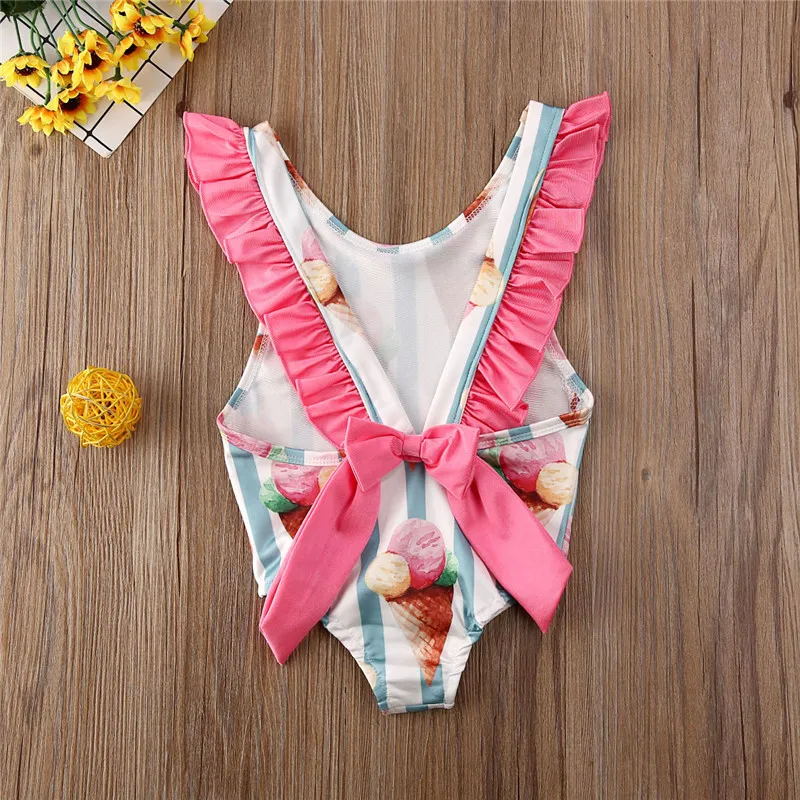 

0-4T Newborn Toddler Kids Baby Girls Swimsuit Cute Cartoon Striped Swimwear Swimming Bikini lovely Sweet One Piece Bathing Suit