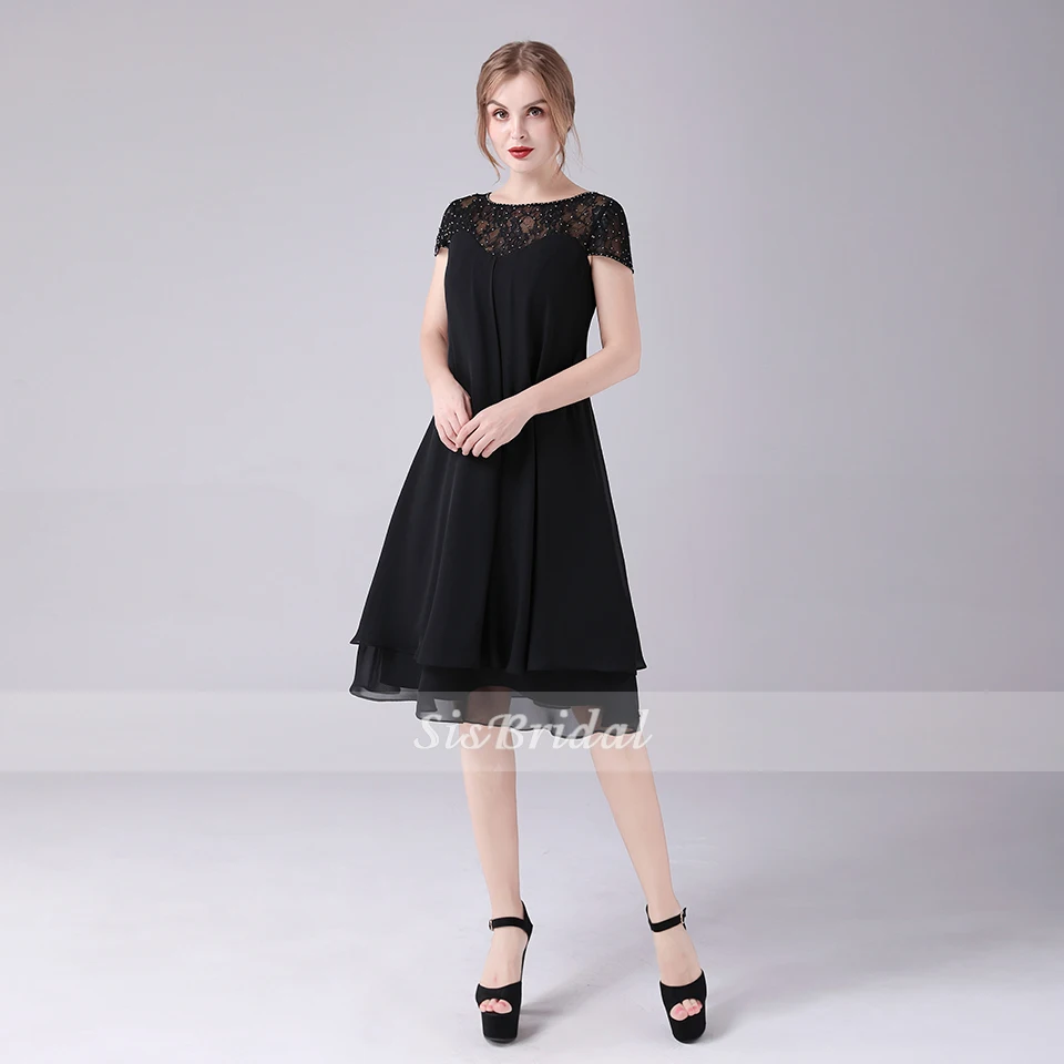 Платье для выпускного вечера A-Line Украшение длиной до колена с коротким рукавом