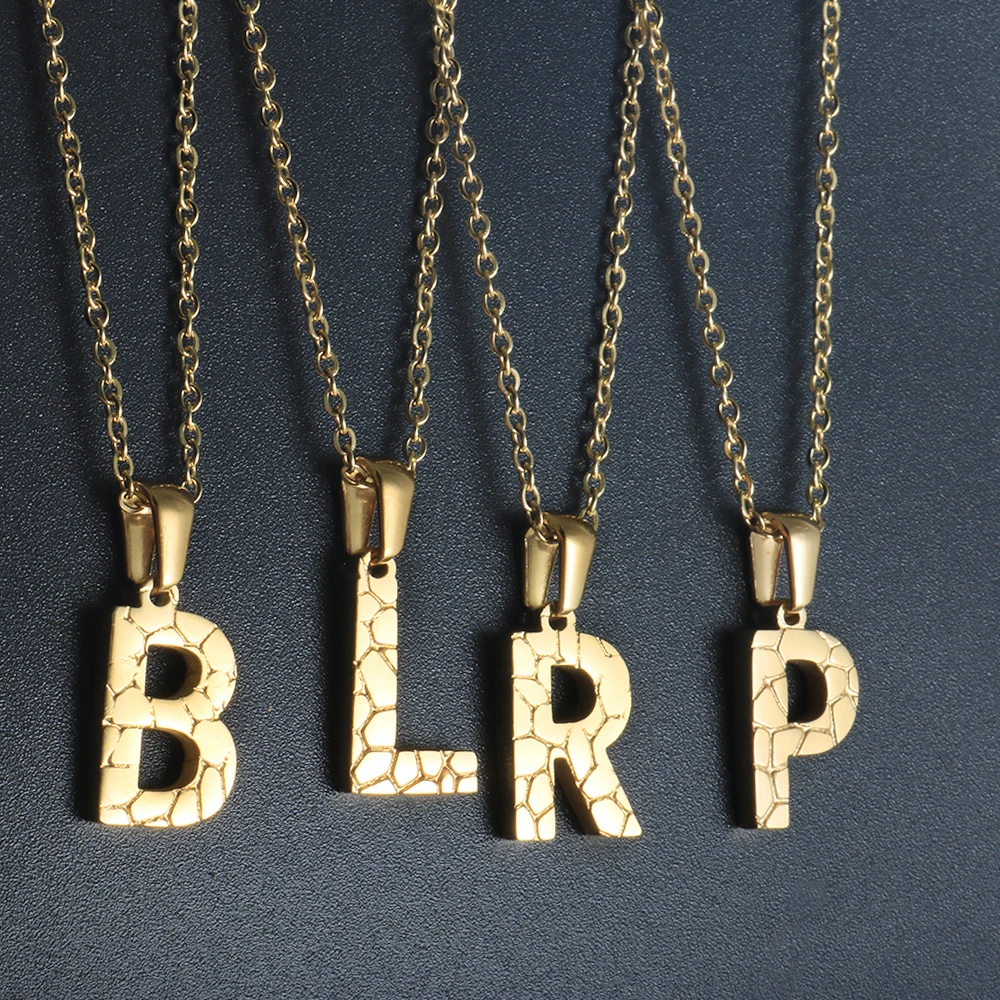 

ZMFashion A-Z Initial Letter Pendant Necklace Luxury Stone Grain Corrosion Belt Pattern Punk Hip Hop Style Woman Men Jewelry