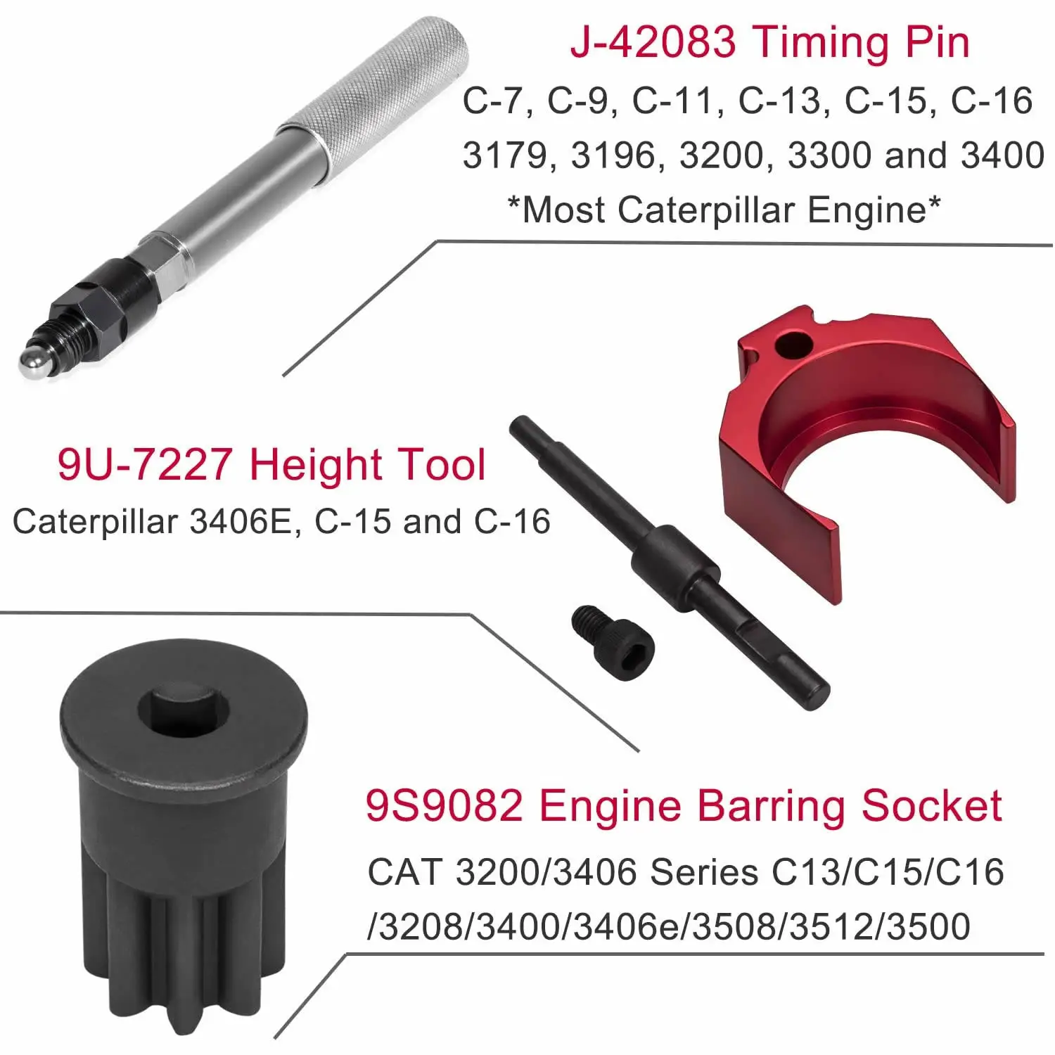 CAT 3406E, C-15, C-16 Timing Lock Pin with Adapter, Injector Height Adjustment Gauge, and Engine Barring Socket 9U-7227 image 3