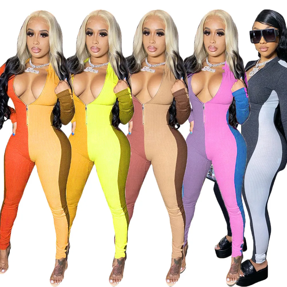 

S-XXL Size Streetwear Women Jumpsuits Knitted Patchwork Skinny Sexy Overalls for Woman Spring Fall Long Sleeve Female Rompers