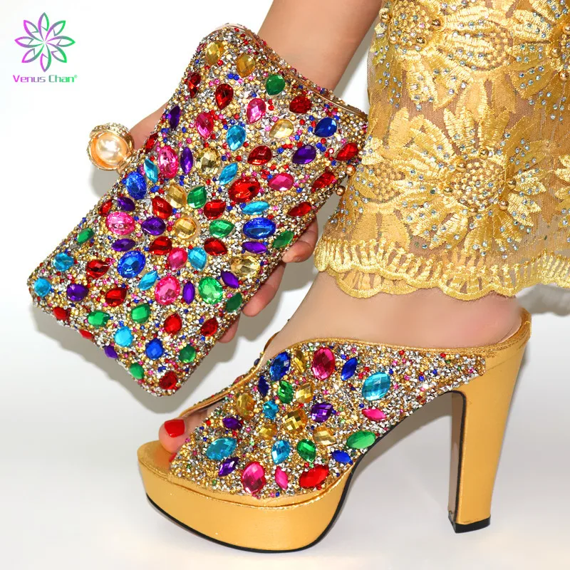 

African Matching Shoe and Bag Set Decorated with Rhinestone High Quality Women Shoes and Bag To Match for Party
