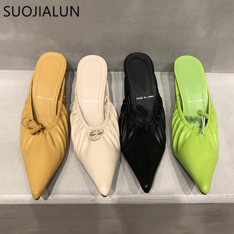 

SUOJIALUN 2021 New Brand Women Mules Shoes Fashion Pleated Pointed Toe Slip On Ladies Slipper Thin High Heel Sandal Shoes Mujer