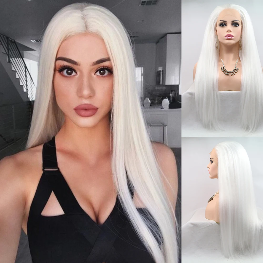

Baicheng White Lace Front Wigs for Women Fashion Long Straight Wigs Lace Front Natural Looking Synthetic Heat Resist Quality Fib