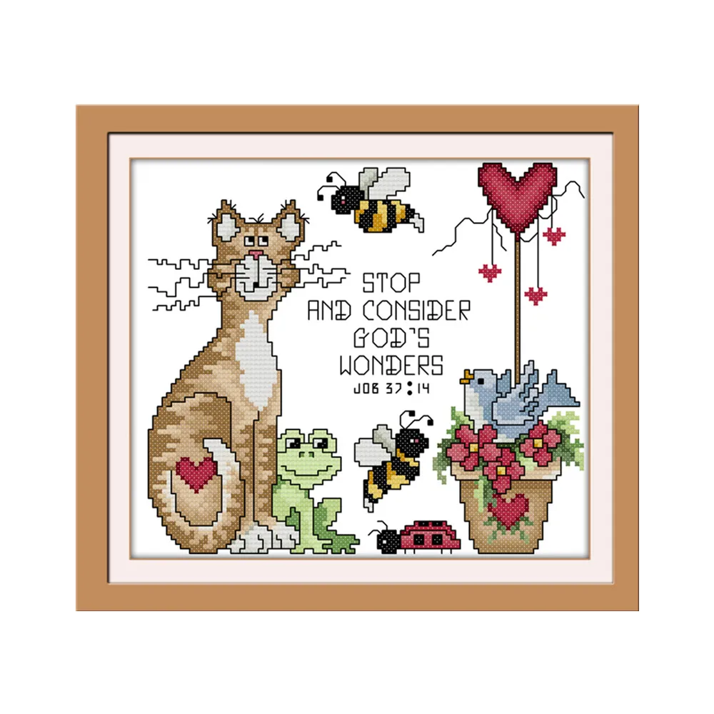 

God's miracle cross stitch kit cat animal 14ct printed canvas full stitch pattern fabric with needles handmade needlework