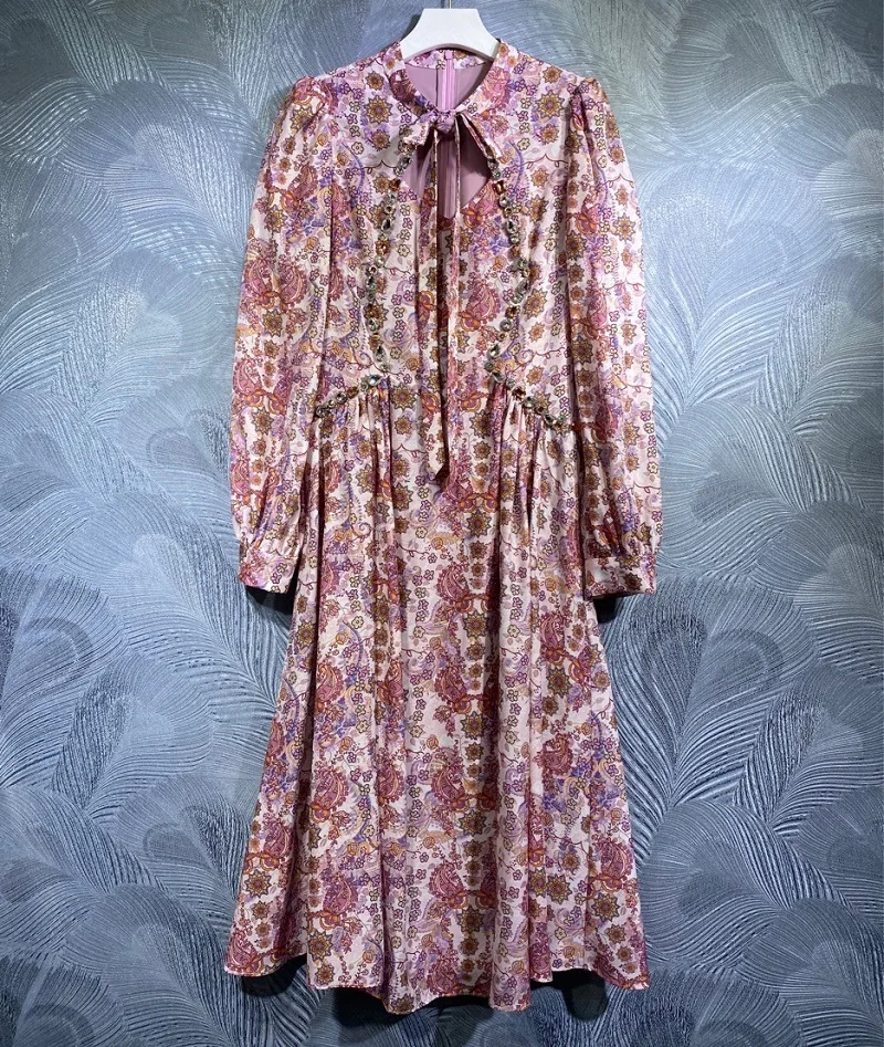 

Top Quality New Runway Dress 2022 Spring Summer Clothes Women Purple Green Floral Print Hand Made Beading Long Sleeve Dress XL