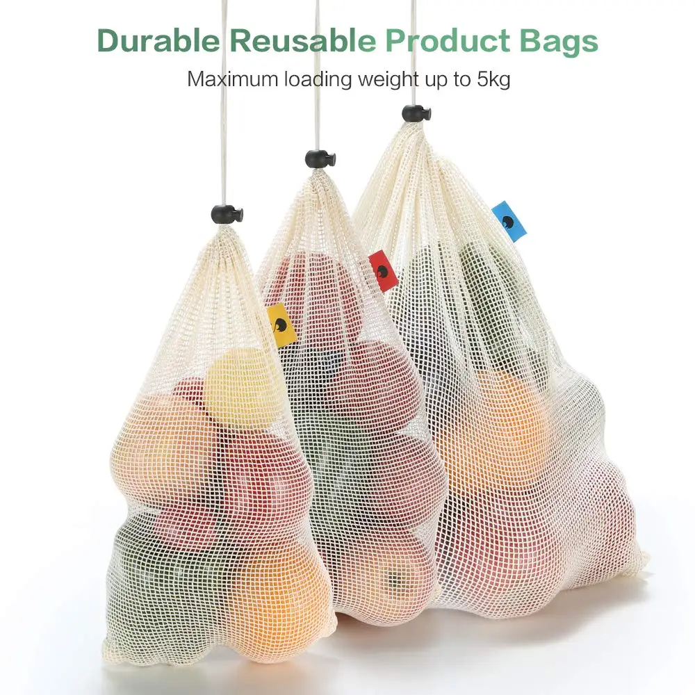 Хлопковые многоразовые продуктовые сумки натуральные прочные сетчатые