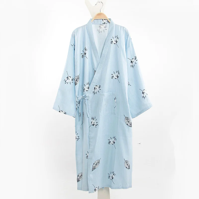 

Japanese-Style Kimono Nightgown Men'S Bathrobe 100% Cotton And Linen Spring Autumn Wind Large Size Loose Tie Long Thin Yukata