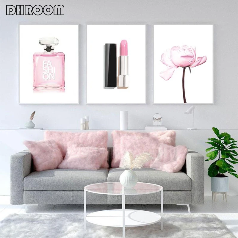 

Fashion Print Pink Flower Bedroom Decor Makeup Art Lipstick Perfume Wall Art Canvas Painting Poster Girls Room Modern Decor