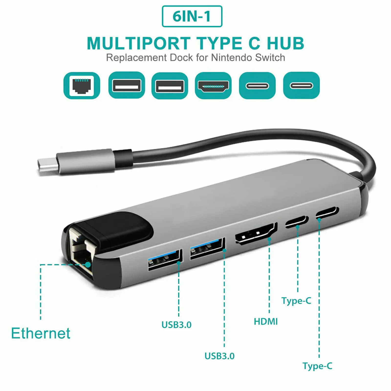 

New USB 3.0 / 3.1 HUB Type C To HDMI-Compatible RJ45 PD Multi Adapter Dock Splitter 6 Ports For Laptop Macbook Pro Accessories