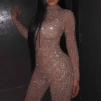 2020 womens new style skinny jumpsuit long sleeve bronzing sequins glitter solid color sexy round collar ladies party rompers