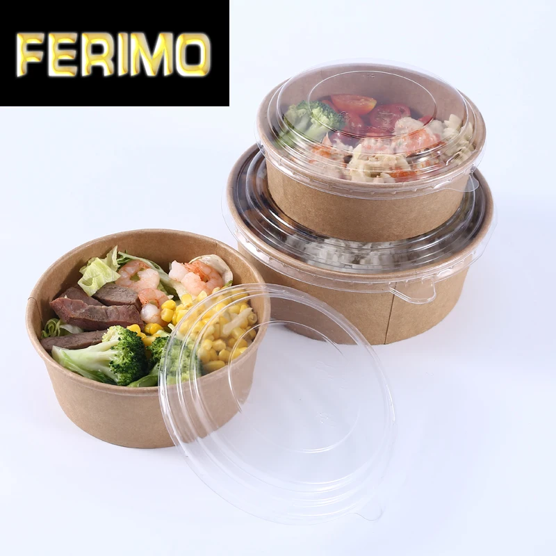 

50pcs/pack Big Size Disposable Paper Bowl Fruit Salad Fast Food Package Takeaway Food Storage Package With Plastic Lid