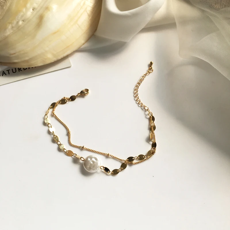 

Fashion Jewelry Bracelet Popular Design Metal Chain Two Layer Simulated White Pearl Charm Bracelet For Girl Gifts