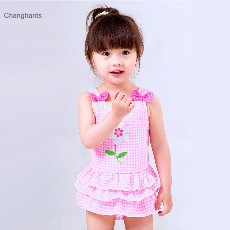 Купальник для девочек с розовыми клетчатыми и цветочными узорами детский