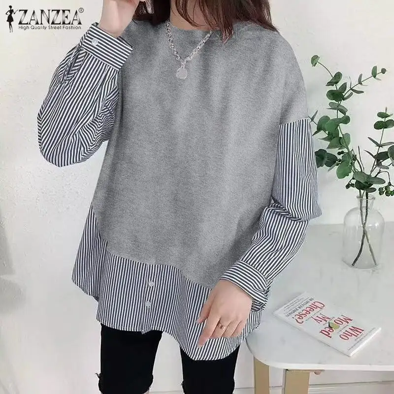 

ZANZEA 2022 Women Autumn Shirt Fashion Korean Striped Patchwork Blouse Elegant Long Sleeve Blusas Femininas Work Tops Chemise
