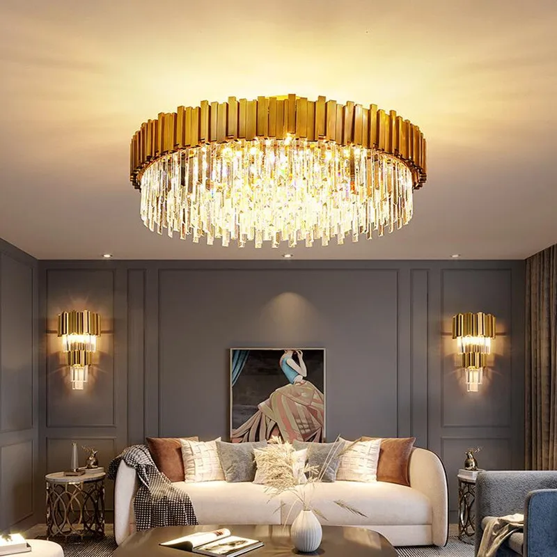 

Luxury Crystal Ceiling for Living Room Modern Gold Round Lamp Led Home Interior Lighting Fixtures