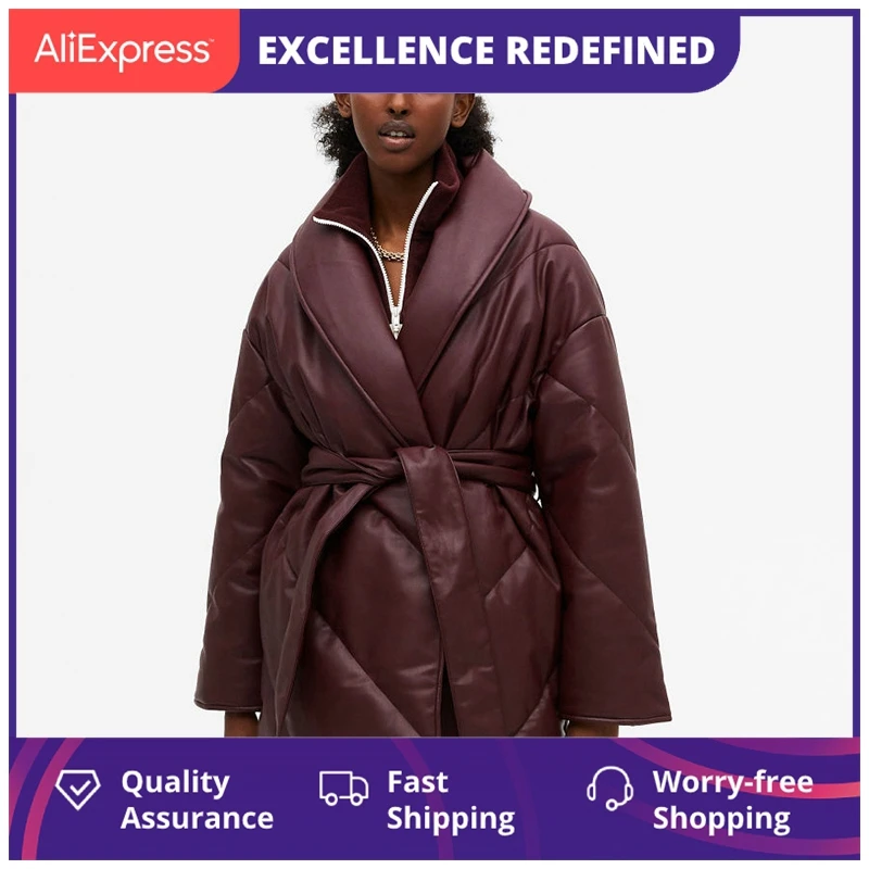 

Куртка женская осенне-зимняя однотонная из ПУ кожи с поясом