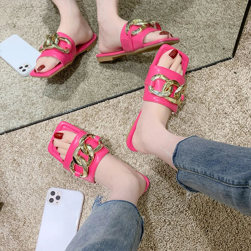 

Shoes Woman's Slippers Square Toe Low Slides Shale Female Beach 2021 Flat Summer Soft Sabot Rubber Basic Rome PU Slippers Women