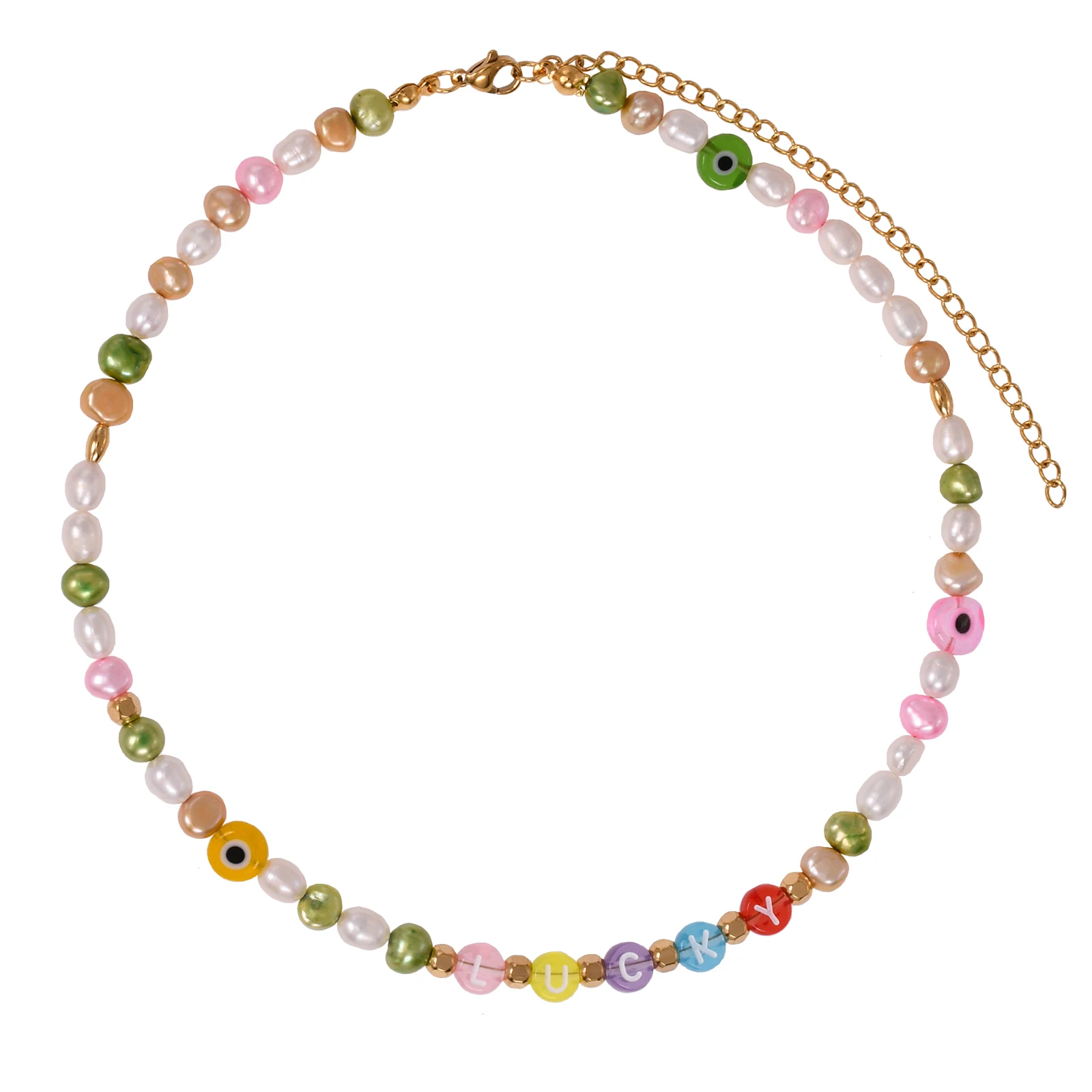 

Trendy LUCKY Letter Pearl Choker Simple Multi-Color Real Pearl Necklace 2021 New Arrival Stainless Steel Beads Jewelry for Women