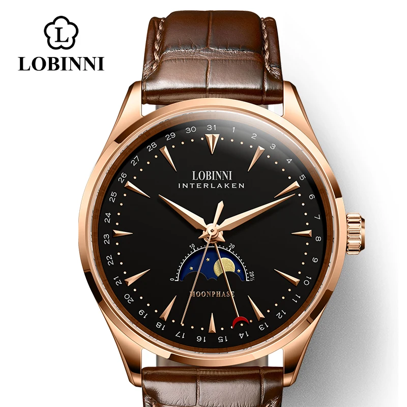 rose-black-brown-r Switzerland LOBINNI мужские часы люксовый бренд Moon Phase Чайка автоматические самозаводные механические мужские часы Сапфировая кожа - Цвет: rose-black-brown-r